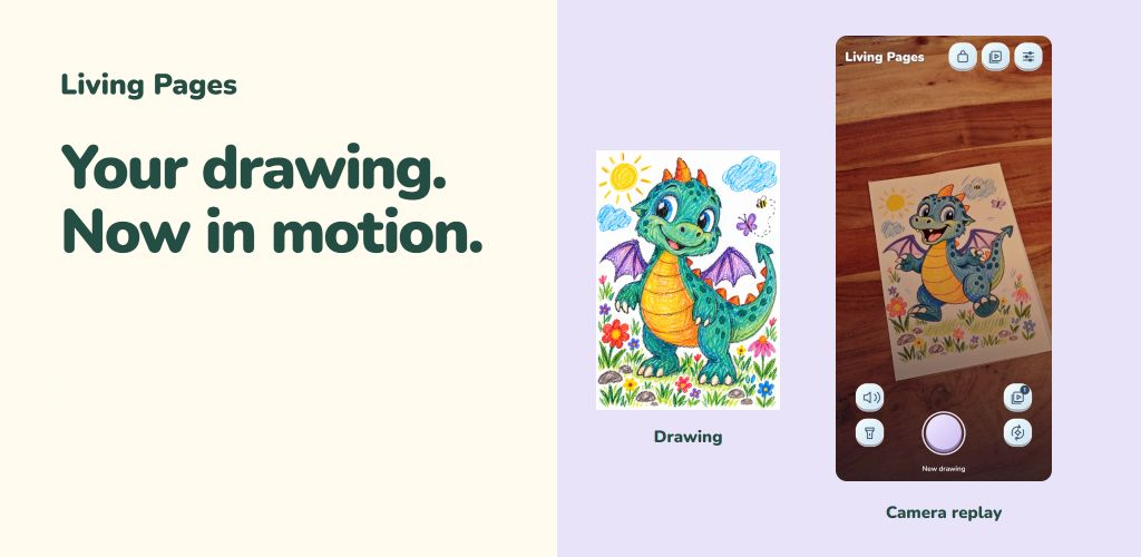 Living Pages feature image with a dragon drawing beside the Android camera replay